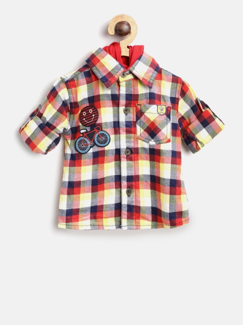 

612 league Boys Red & Yellow Hooded Checked Casual Shirt