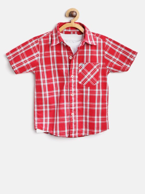 

612 league Boys Red & White Regular Fit Checked Casual Shirt with T-shirt