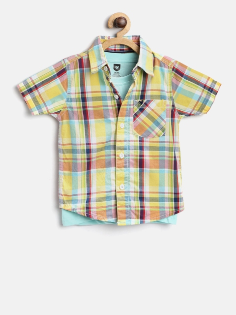 

612 league Boys Yellow & Blue Checked Casual Shirt with T-shirt