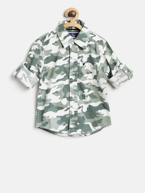 

612 league Boys White & Olive Green Camouflage Print Casual Shirt