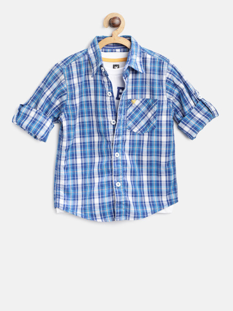 

612 league Boys Blue & White Regular Fit Checked Casual Shirt