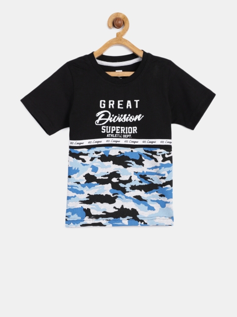 

612 league Boys Black Printed Round Neck T-shirt