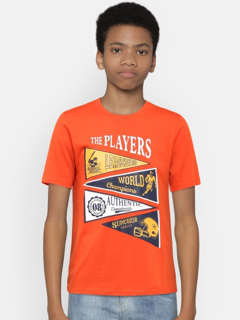 

612 league Boys Orange Printed Round Neck T-shirt