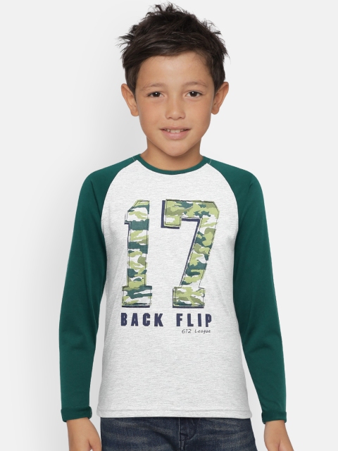 

612 league Boys Grey Green Printed Round Neck Pure Cotton T-shirt