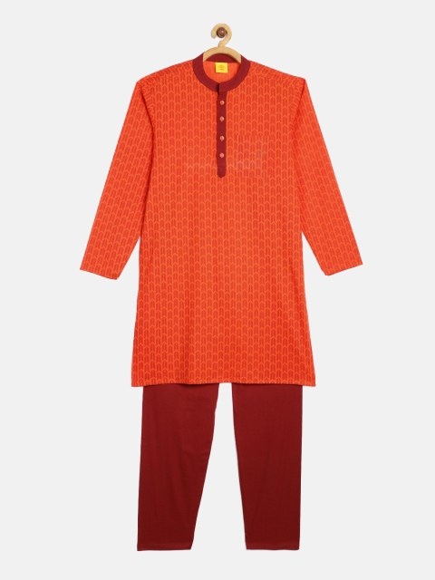 

612 league Boys Orange Printed Kurta with Maroon Solid Pyjamas