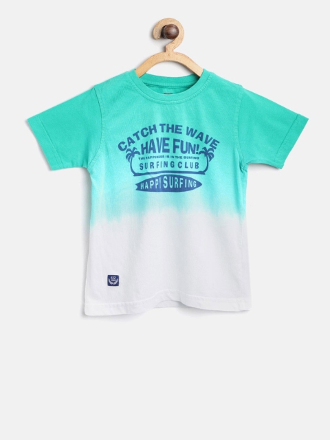 

612 league Boys Sea Green & White Printed Dyed Round Neck T-shirt
