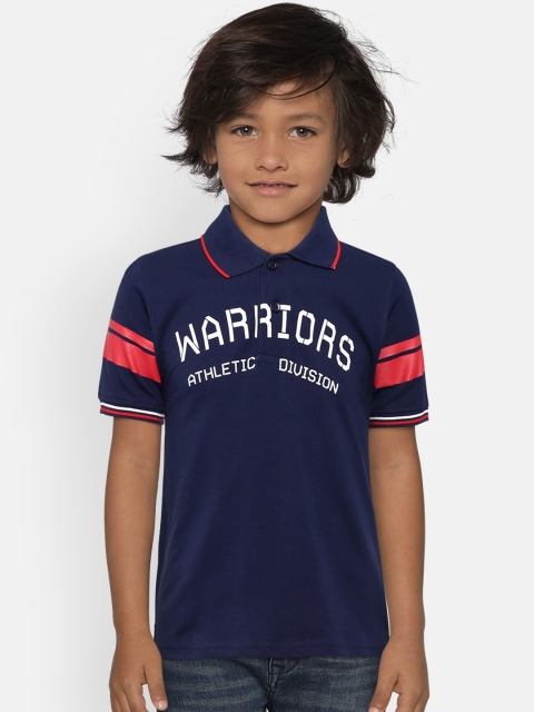 

612 league Boys Navy Blue Printed Polo Pure Cotton T-shirt
