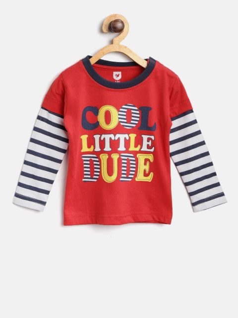 

612 league Boys Red Printed Round Neck T-shirt
