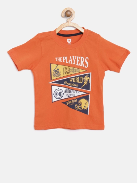 

612 league Boys Orange Printed Round Neck T-shirt