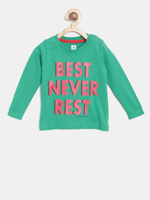 

612 league Boys Green Printed Round Neck T-shirt
