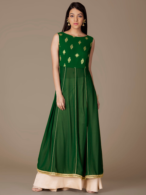 

INDYA Women Green Embroidered A-Line Kurta