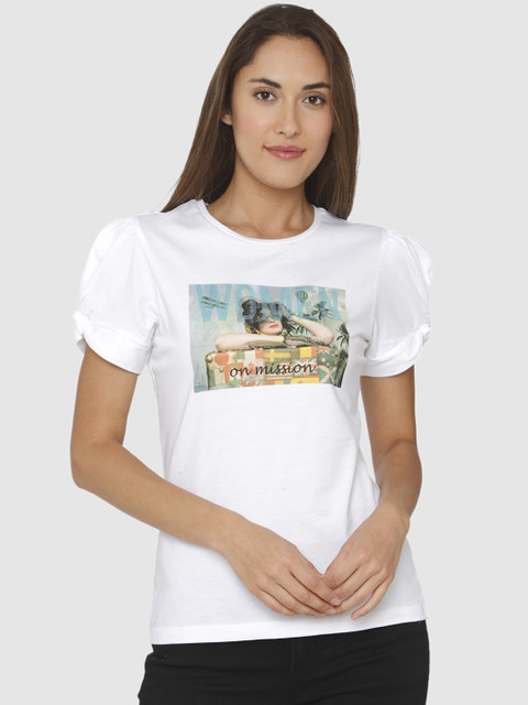 

Vero Moda Women White Printed Round Neck T-shirt