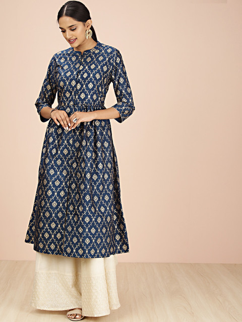 

all about you Women Navy Blue Printed A-Line Kurta