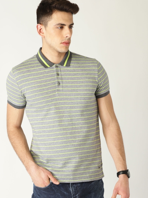 

United Colors of Benetton Men Grey & Lime Green Striped Polo Collar T-shirt