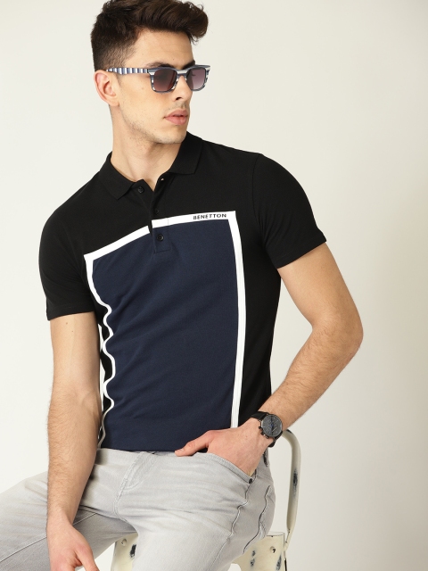 

United Colors of Benetton Men Navy Blue & Black Colourblocked Polo Collar T-shirt