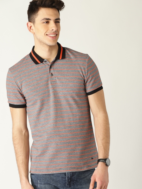 

United Colors of Benetton Men Grey & Orange Striped Polo Collar T-shirt