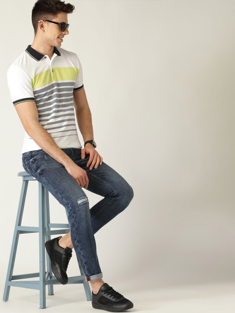 

United Colors of Benetton Men White & Navy Blue Striped Polo Collar T-shirt