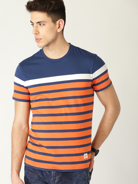 

United Colors of Benetton Men Navy Blue & Orange Striped Round Neck T-shirt