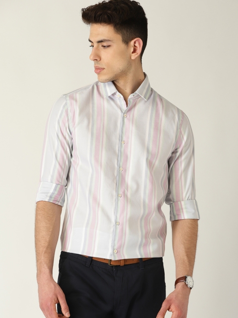 

United Colors of Benetton Men Grey & Pink Regular Fit Striped Smart Casual Shirt