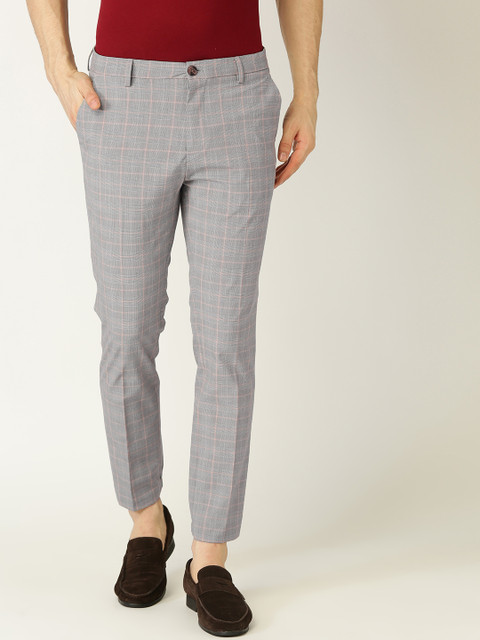 

United Colors of Benetton Men Grey & Pink Regular Fit Self-Checked Cropped Trousers