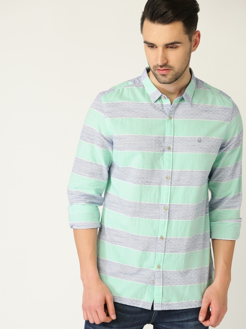 

United Colors of Benetton Men Green & Blue Slim Fit Striped Casual Shirt