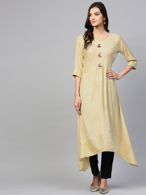 

Shree Women Beige Self Striped Asymmetric A-Line Kurta
