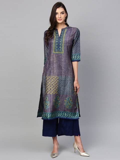 

Shree Women Navy & Green Printed Straight Kurta, Navy blue