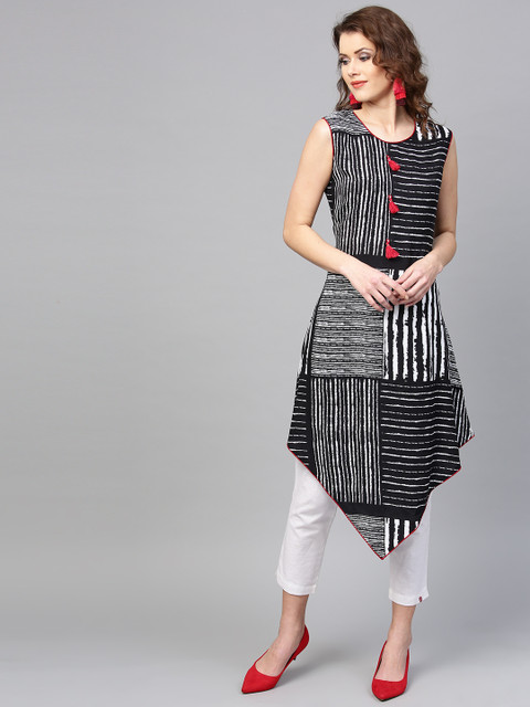 

Shree Women Black & White Striped Asymmetric Hemline A-Line Kurta
