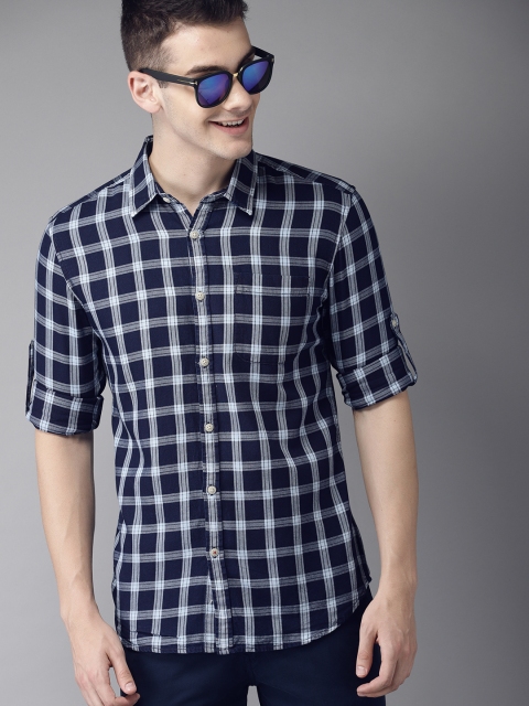 

HERE&NOW Men Navy Blue Slim Fit Checked Casual Shirt