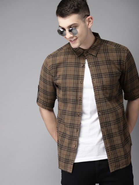 

HERE&NOW Men Brown & Navy Blue Slim Fit Checked Casual Shirt