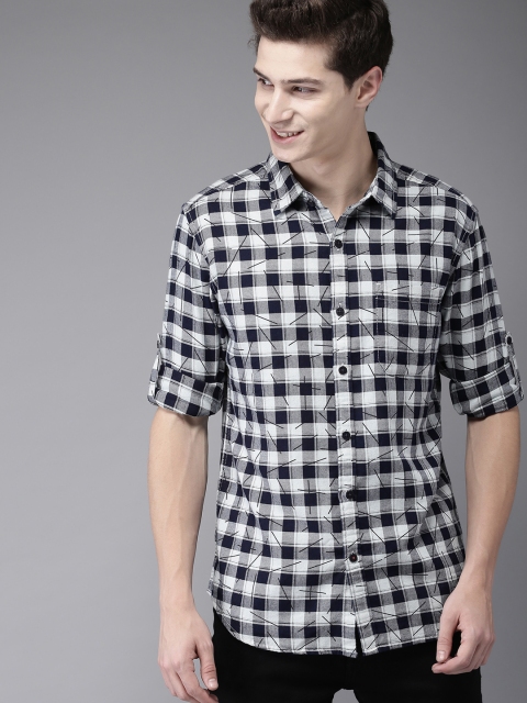 

HERE&NOW Men Navy Blue & Grey Slim Fit Checked Casual Shirt