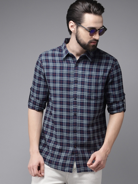 

HERE&NOW Men Grey & Navy Blue Slim Fit Checked Casual Shirt