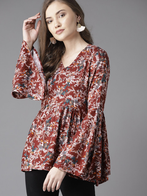 

Moda Rapido Garden of Eden Floral Fluted Sleeve Top, Maroon