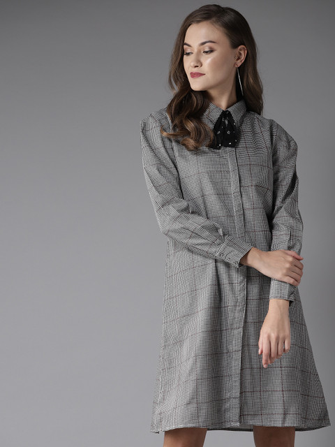 

Moda Rapido Women Black & White Checked Shirt Dress