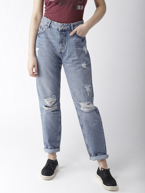 

Superdry Women Blue Boyfriend Fit Mid-Rise Highly Distressed Jeans