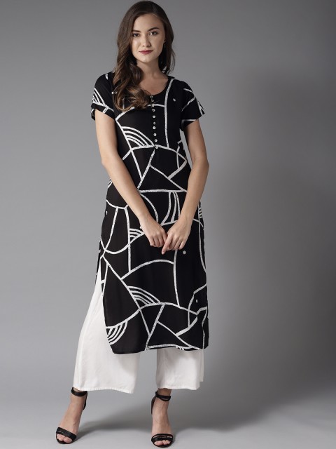 

Moda Rapido Women Black & White Printed Straight Kurta