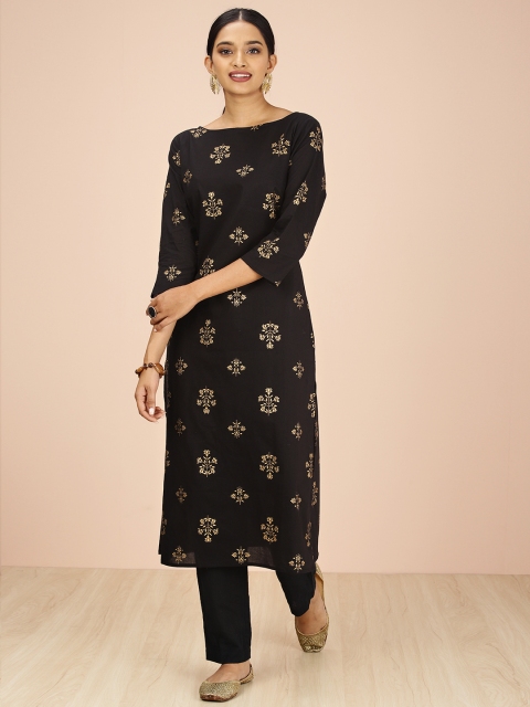 

all about you Women Black Printed Straight Kurta