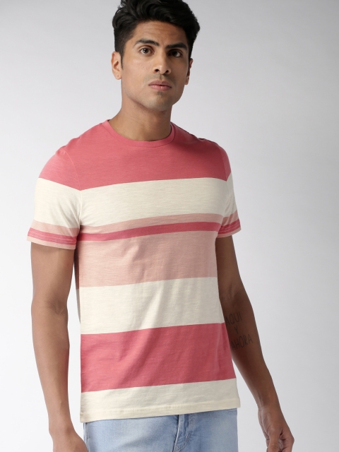 

Celio Men Pink Off White Striped Round Neck Pure Cotton T-shirt