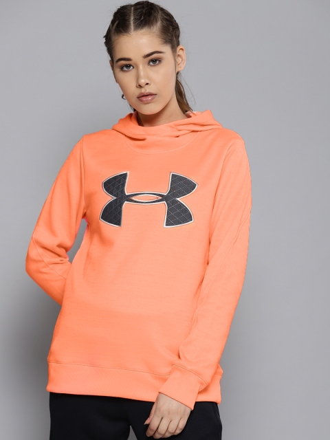 

UNDER ARMOUR Women Orange Applique Detail Fleece Big Logo Hooded Sweatshirt
