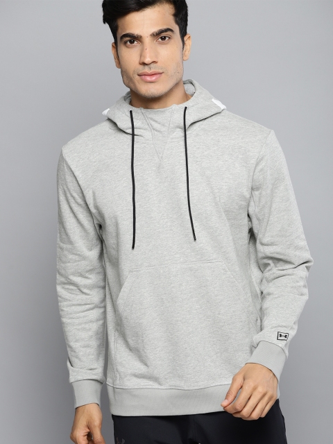 

UNDER ARMOUR Men Grey Melange Solid Hooded Be Seen Terry Graphic Sweatshirt