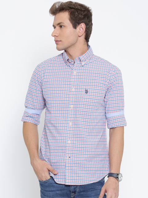 

U.S. Polo Assn. White & Blue Checked Tailored Fit Casual Shirt
