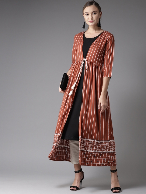 

Moda Rapido Women Brown & Black Solid A-Line Kurta with Ethnic Jacket