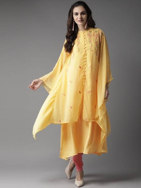 

Moda Rapido Women Yellow & Pink Floral Embroidery Layered Kaftan Kurta