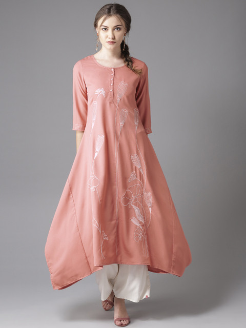 

Moda Rapido Women Dusty Pink Embroidered A-Line Asymmetric Kurta