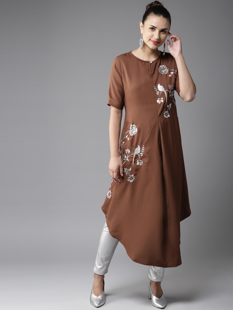 

Moda Rapido Women Brown & Silver Embroidered Asymmetric Hemline A-Line Kurta