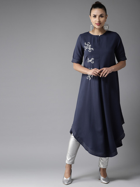 

Moda Rapido Women Navy Blue Embroidered Detail A-Line Kurta