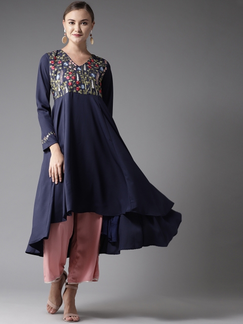 

Moda Rapido Women Navy Blue Yoke Design A-Line Kurta