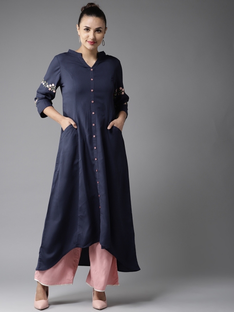 

Moda Rapido Women Navy Blue Solid Asymmetric A-Line Kurta