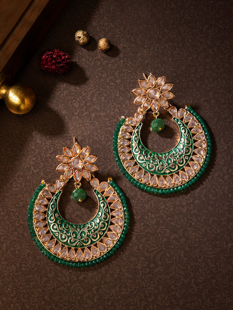 

Rubans Gold-Plated & Green Handpainted Crescent Shaped Chandbalis