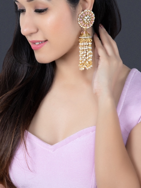 

Rubans Gold-Toned & Pink Floral Jhumkas